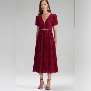 Self-Portrait Chiffon Burgundy Pleated Midi Rhinestone Dress Size 2